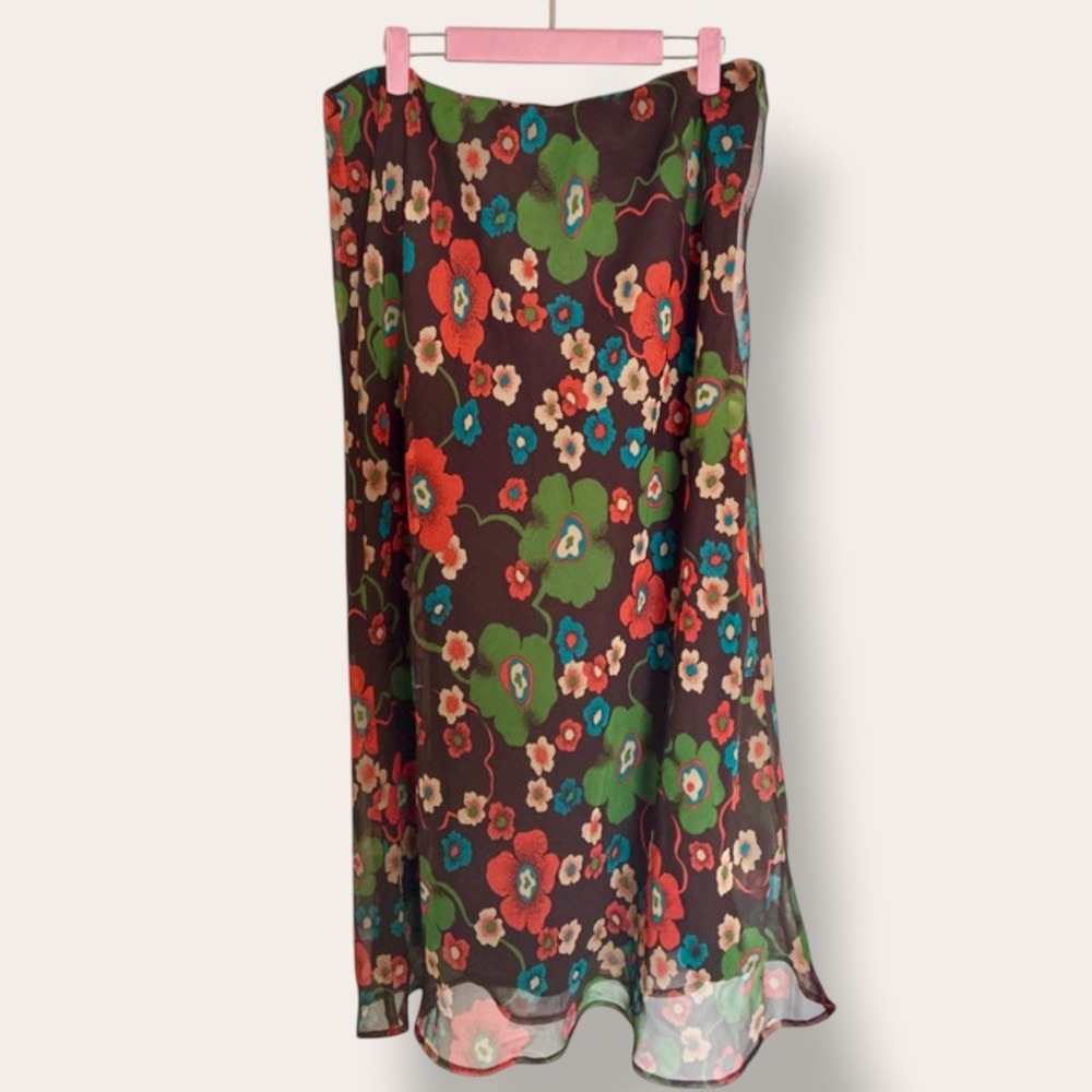 Cato Womens Large Brown Floral Chiffon Midi Skirt Green Red Blue Flower Print